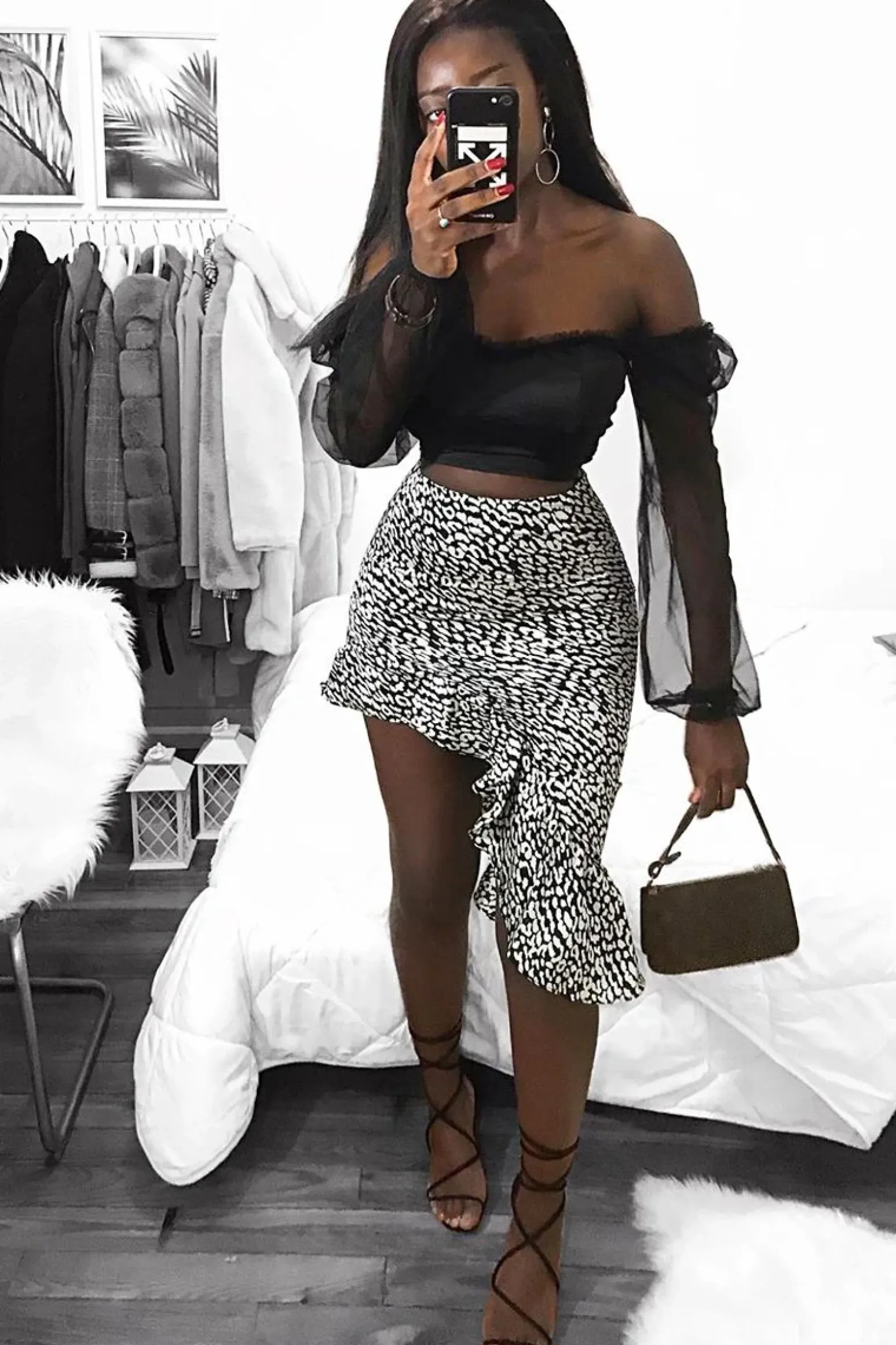 Rebellious Fashion Black White Leopard Print Frilled Hem Midi Skirt - Julia