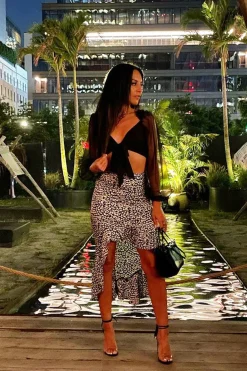 Rebellious Fashion Black White Leopard Print Frilled Hem Midi Skirt - Julia