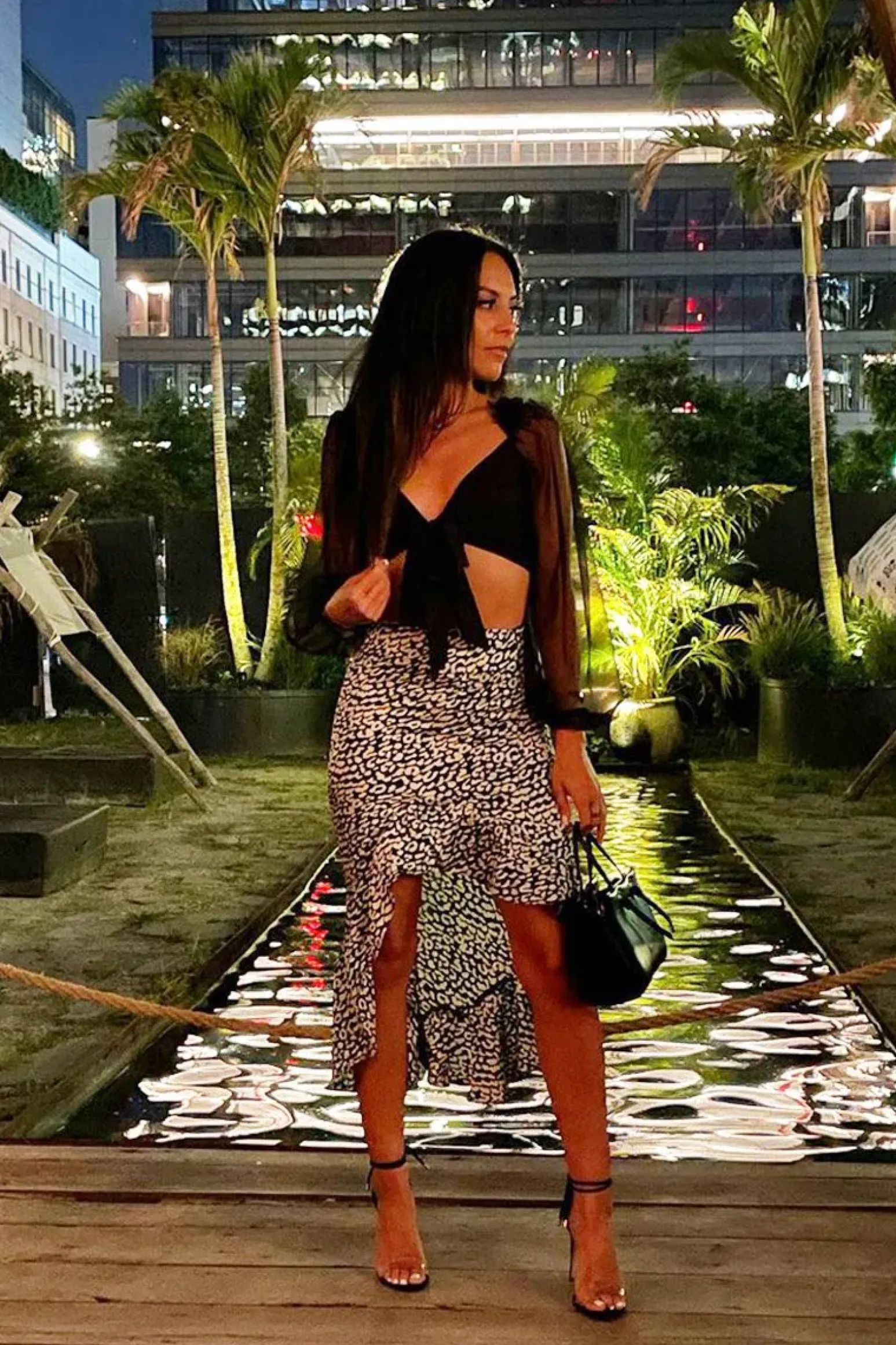 Rebellious Fashion Black White Leopard Print Frilled Hem Midi Skirt - Julia