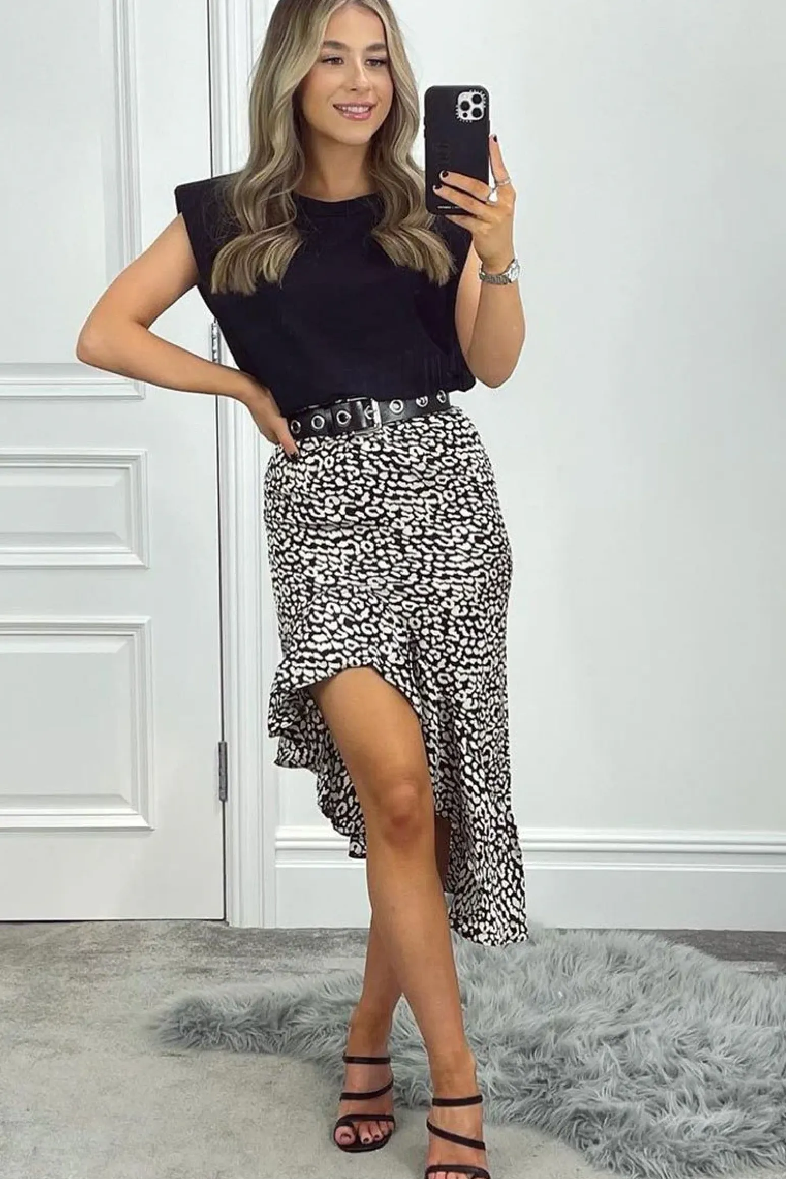 Rebellious Fashion Black White Leopard Print Frilled Hem Midi Skirt - Julia