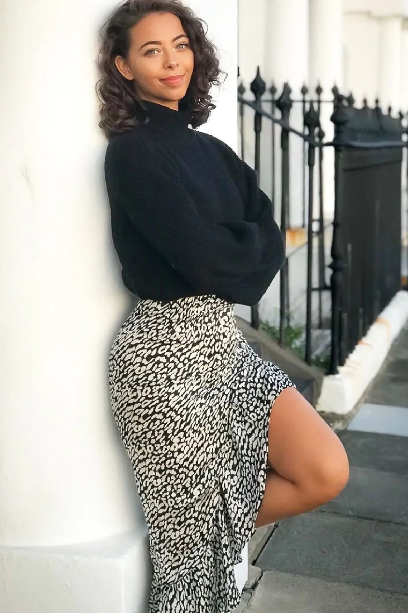 Rebellious Fashion Black White Leopard Print Frilled Hem Midi Skirt - Julia