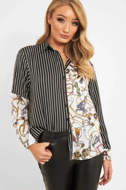 Rebellious Fashion Black White Pinstripe Chain Print Insert Shirt - Georgena