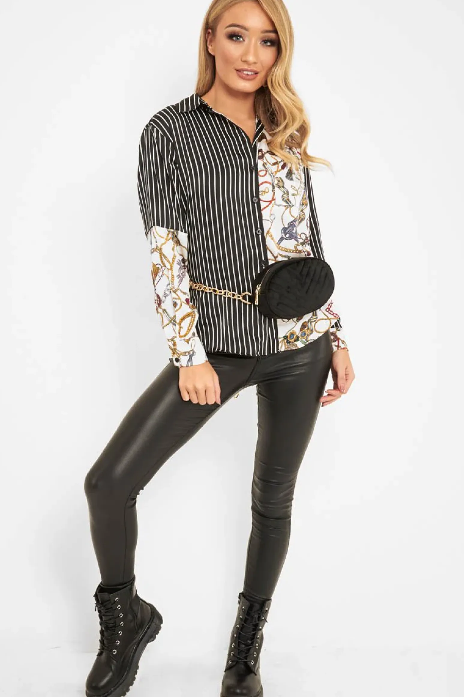 Rebellious Fashion Black White Pinstripe Chain Print Insert Shirt - Georgena