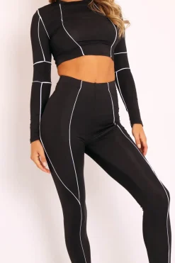 Rebellious Fashion Black White Piped Crop Top Legging Co-ord - Deona