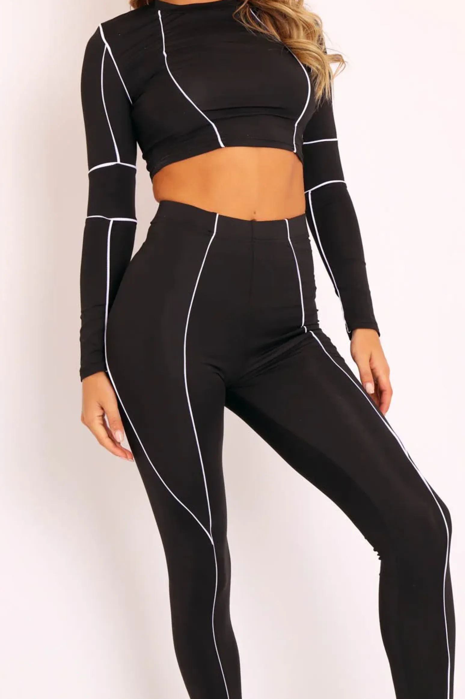 Rebellious Fashion Black White Piped Crop Top Legging Co-ord - Deona