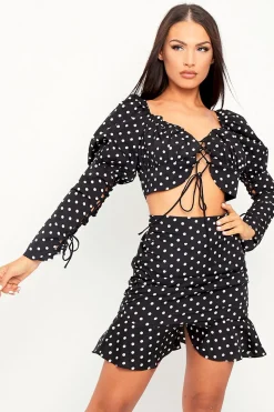 Rebellious Fashion Black White Polka Corset Crop + Skirt Co-ord - Oceana