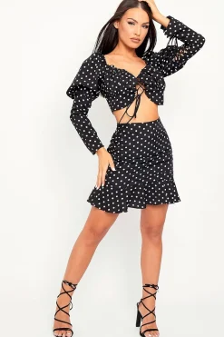 Rebellious Fashion Black White Polka Corset Crop + Skirt Co-ord - Oceana