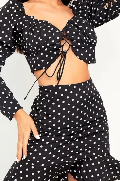 Rebellious Fashion Black White Polka Corset Crop + Skirt Co-ord - Oceana
