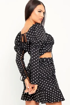 Rebellious Fashion Black White Polka Corset Crop + Skirt Co-ord - Oceana