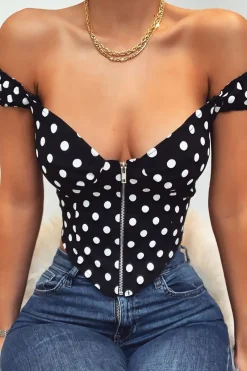 Rebellious Fashion Black White Polka Dot Zip Front Milkmaid Crop Top - Rubie
