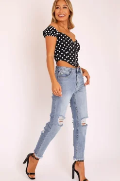 Rebellious Fashion Black White Polka Dot Zip Front Milkmaid Crop Top - Rubie