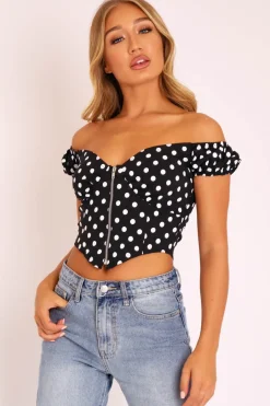 Rebellious Fashion Black White Polka Dot Zip Front Milkmaid Crop Top - Rubie