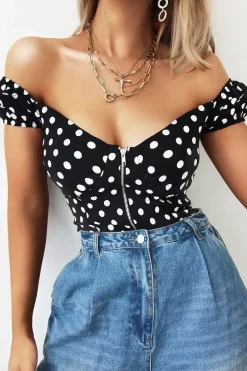 Rebellious Fashion Black White Polka Dot Zip Front Milkmaid Crop Top - Rubie