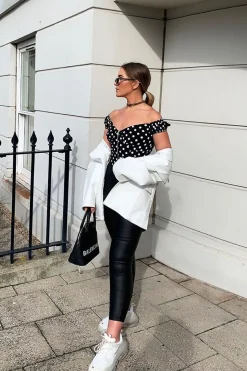 Rebellious Fashion Black White Polka Dot Zip Front Milkmaid Crop Top - Rubie