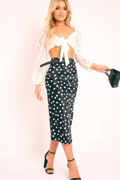 Rebellious Fashion Black White Polka Jacquard Print Satin Midi Skirt - Taija