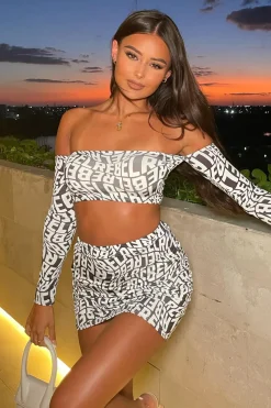 Rebellious Fashion Black White Rebel Print Bardot Crop Top & Mini Skirt Set - Evie