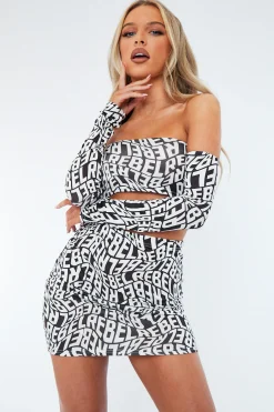 Rebellious Fashion Black White Rebel Print Bardot Crop Top & Mini Skirt Set - Evie