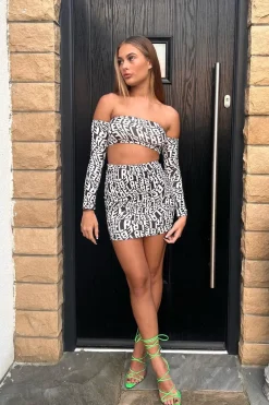 Rebellious Fashion Black White Rebel Print Bardot Crop Top & Mini Skirt Set - Evie
