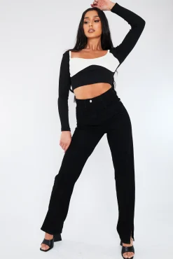 Rebellious Fashion Black White Rib Cup Detail Crop Top - Saff