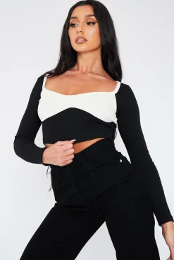 Rebellious Fashion Black White Rib Cup Detail Crop Top - Saff