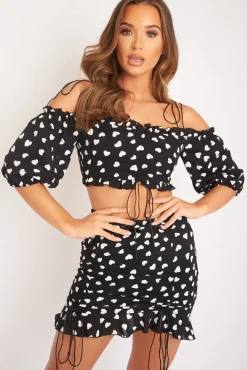 Rebellious Fashion Black White Ruched Frill Heart Print Crop Top and Skirt Co-ord - Skyelar