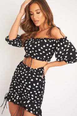 Rebellious Fashion Black White Ruched Frill Heart Print Crop Top and Skirt Co-ord - Skyelar