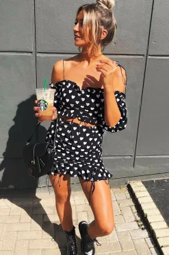 Rebellious Fashion Black White Ruched Frill Heart Print Crop Top and Skirt Co-ord - Skyelar