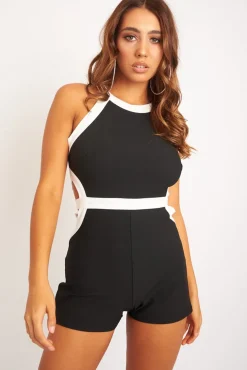 Rebellious Fashion Black White Side Cut Out Playsuit - Posey