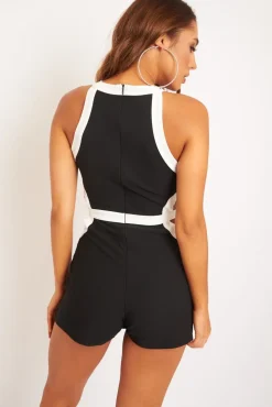 Rebellious Fashion Black White Side Cut Out Playsuit - Posey