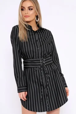 Rebellious Fashion Black White Stripe Corset Shirt Dress - Korrin
