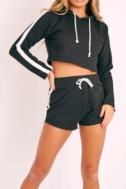 Rebellious Fashion Black White Stripe Cropped Hoodie and Shorts Loungewear Co-ord - Dariella