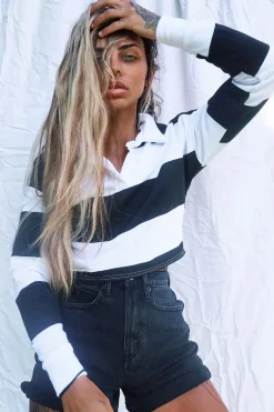 Rebellious Fashion Black White Stripe Cropped Polo Top - Hadia