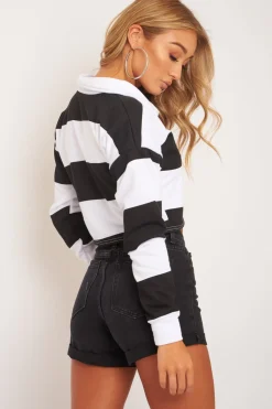 Rebellious Fashion Black White Stripe Cropped Polo Top - Hadia
