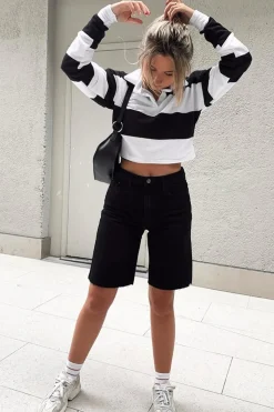 Rebellious Fashion Black White Stripe Cropped Polo Top - Hadia