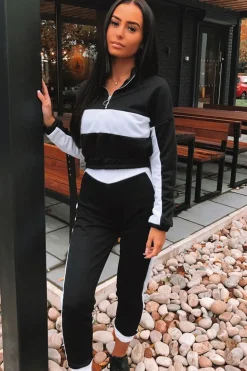 Rebellious Fashion Black White Stripe Cuff Bottom Tracksuit Co-ord - Nadie