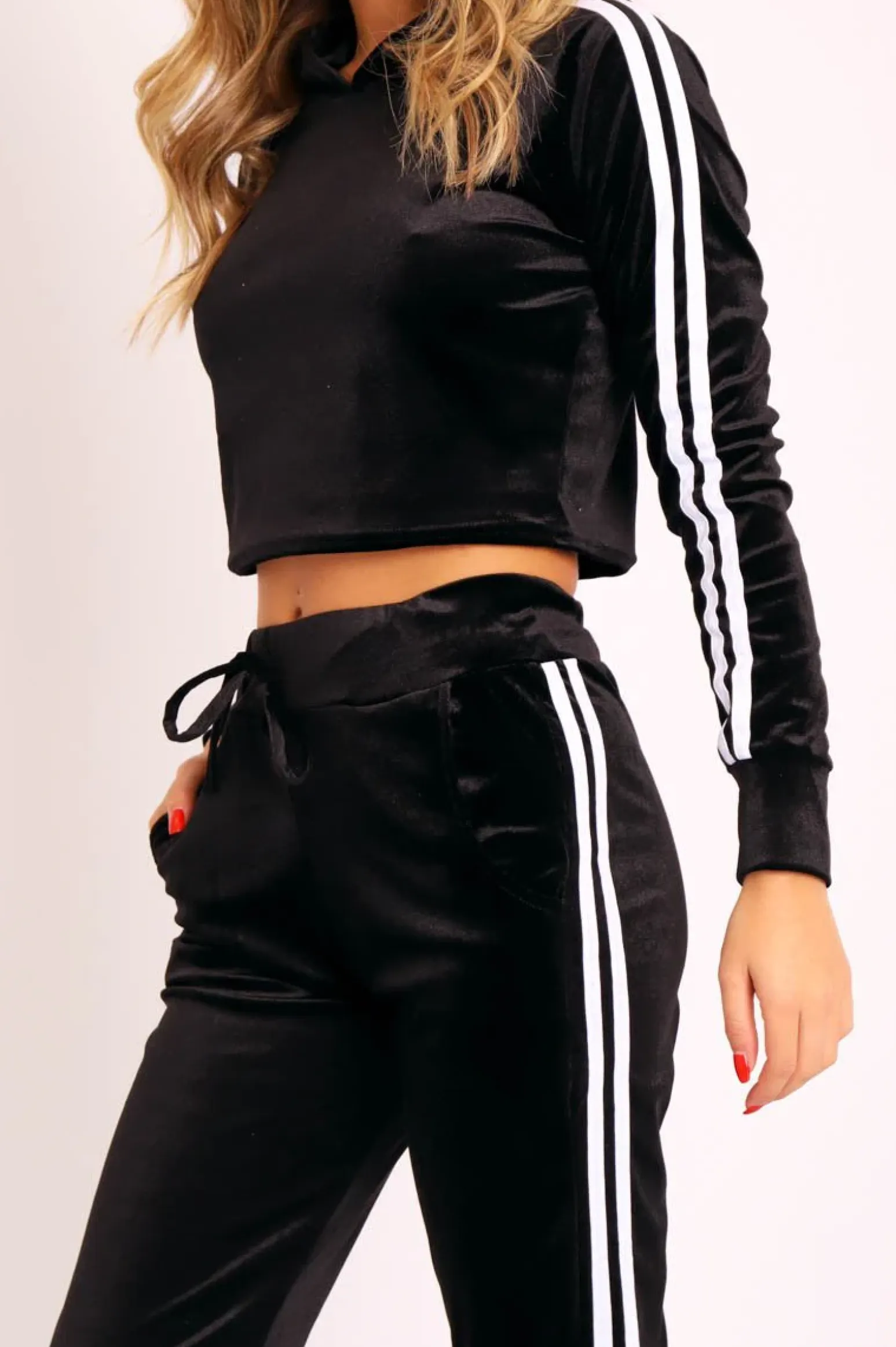 Rebellious Fashion Black White Stripes Velvet Hoodie and Joggers Co-ord - Matie