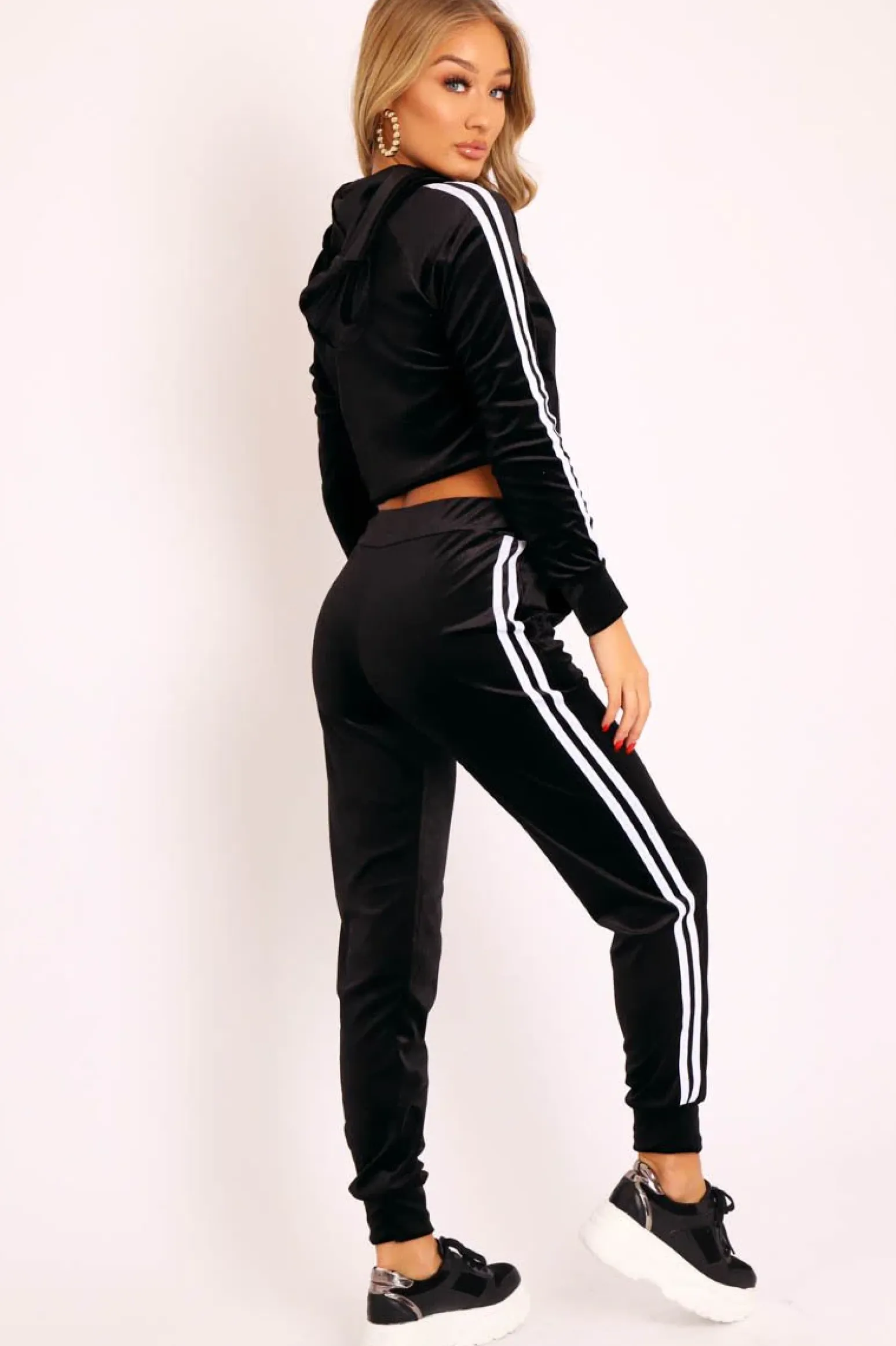 Rebellious Fashion Black White Stripes Velvet Hoodie and Joggers Co-ord - Matie