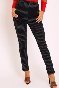 Rebellious Fashion Black White Stripe Tapered Pocket Detail Trousers - Priyah