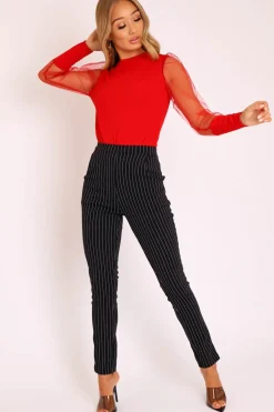 Rebellious Fashion Black White Stripe Tapered Pocket Detail Trousers - Priyah