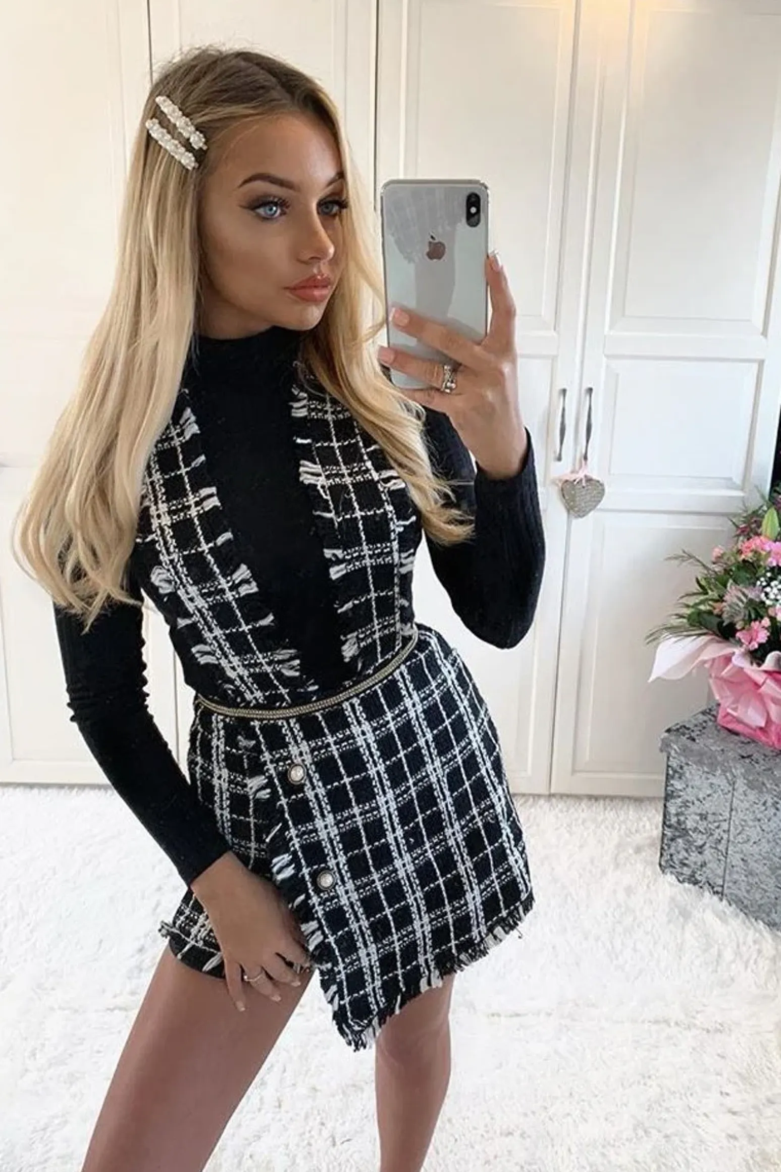 Rebellious Fashion Black White Tweed Pearl Button Playsuit - Jolette