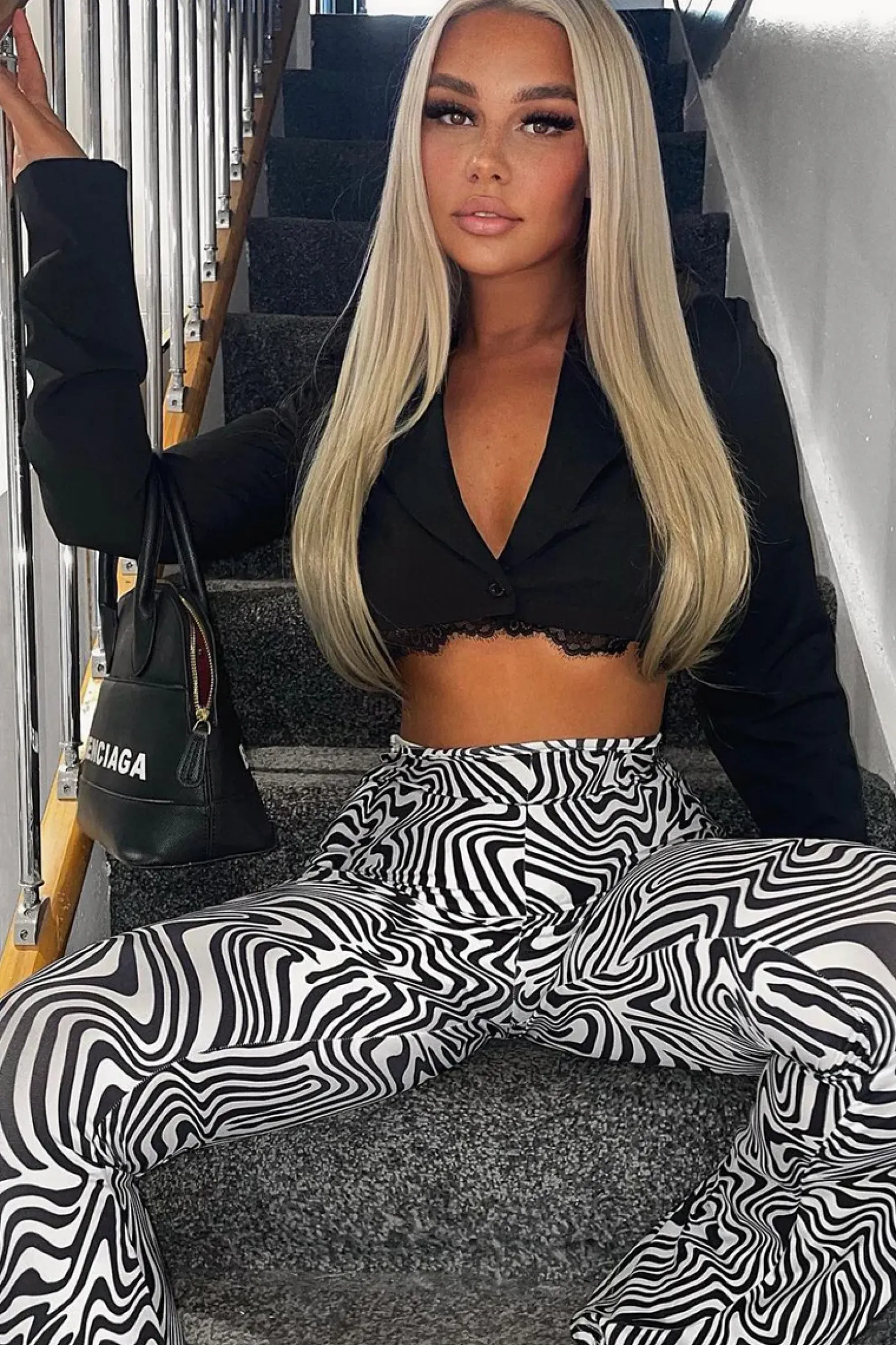 Rebellious Fashion Black White Wave Print Slinky Flare Trousers - Ila