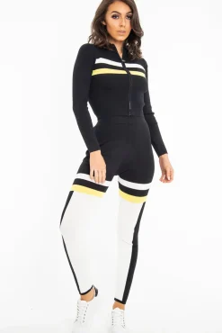 Rebellious Fashion Black White Yellow Striped Leggings and Crop Top - Aalijah