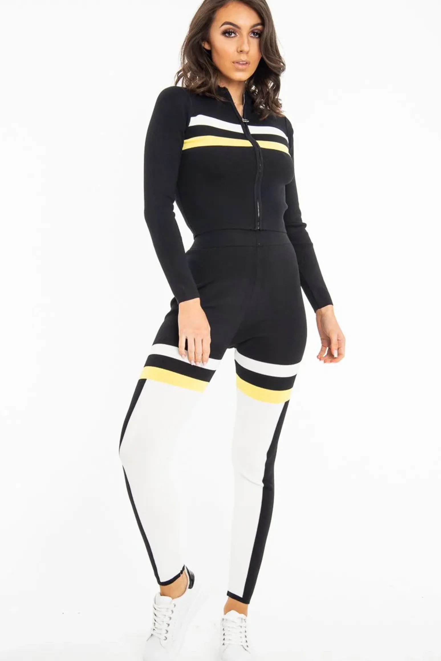 Rebellious Fashion Black White Yellow Striped Leggings and Crop Top - Aalijah