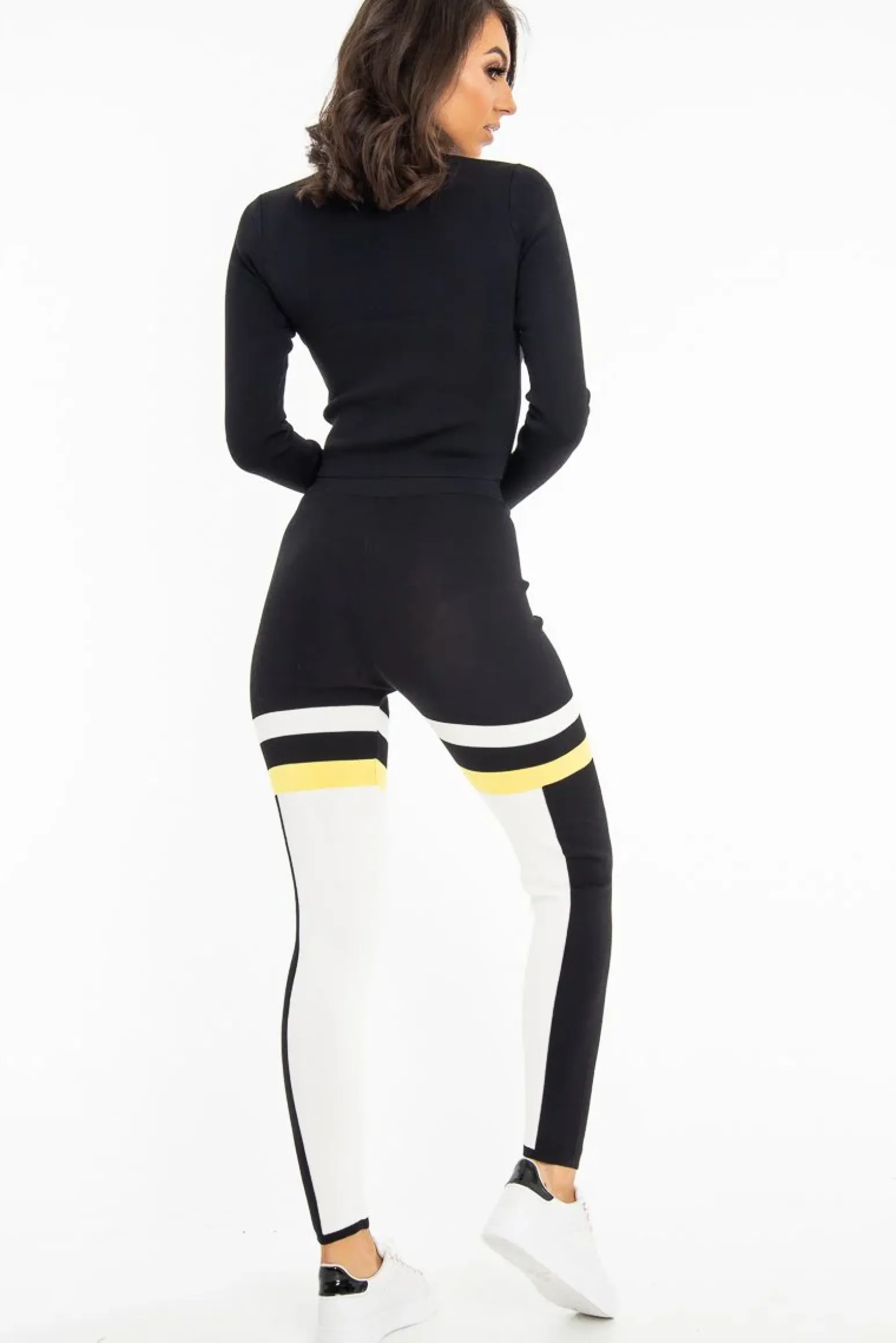 Rebellious Fashion Black White Yellow Striped Leggings and Crop Top - Aalijah