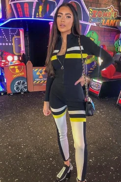 Rebellious Fashion Black White Yellow Striped Leggings and Crop Top - Aalijah