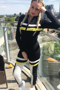 Rebellious Fashion Black White Yellow Striped Leggings and Crop Top - Aalijah