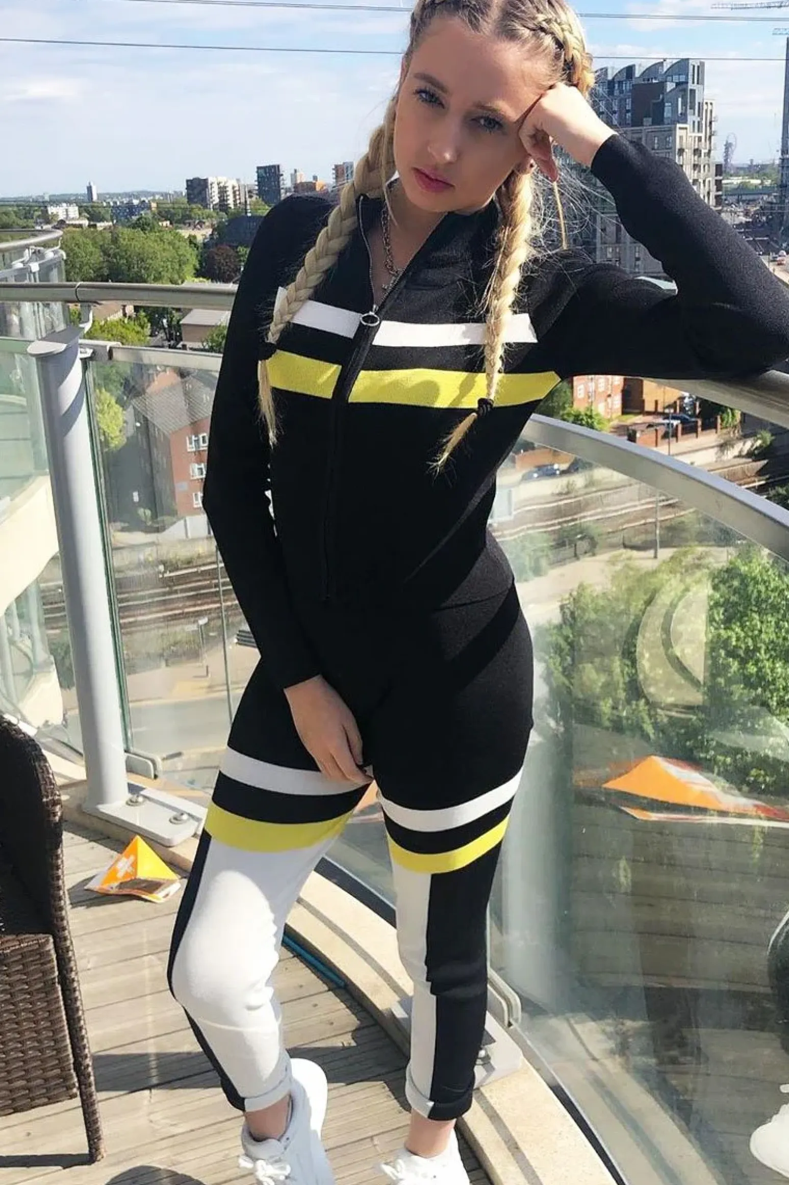 Rebellious Fashion Black White Yellow Striped Leggings and Crop Top - Aalijah