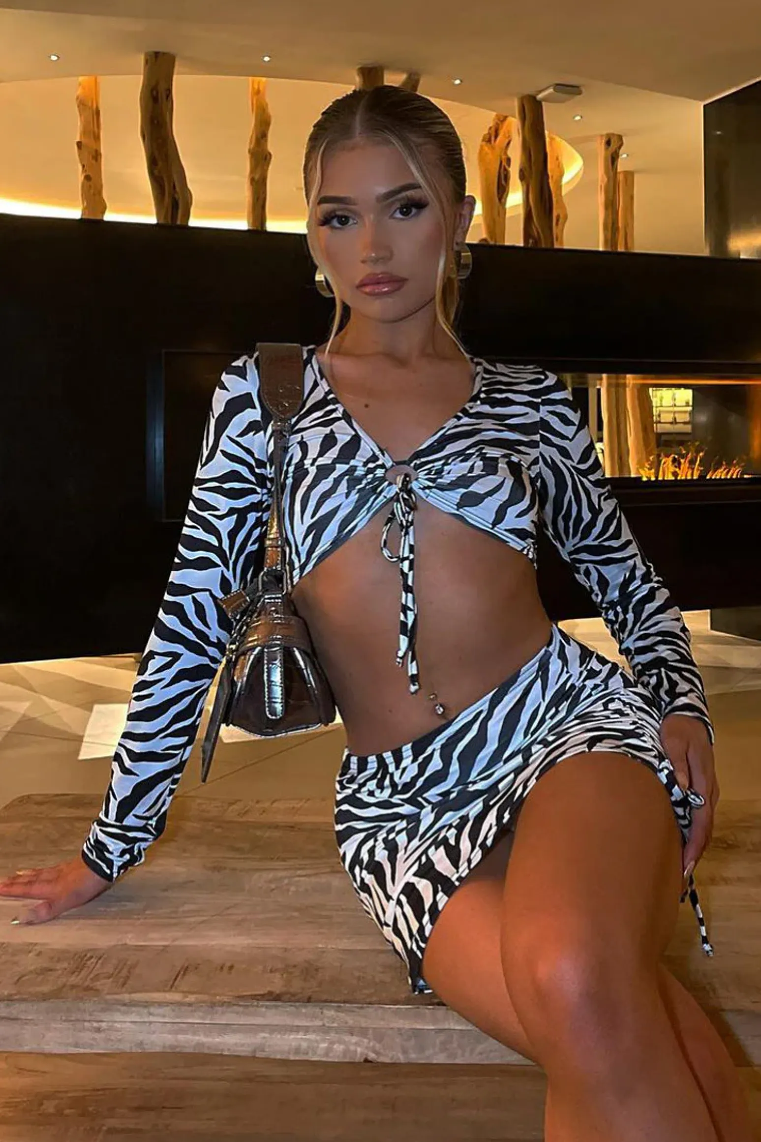 Rebellious Fashion Black White Zebra Print Crop Top & Side Ruched Mini Skirt - Marley