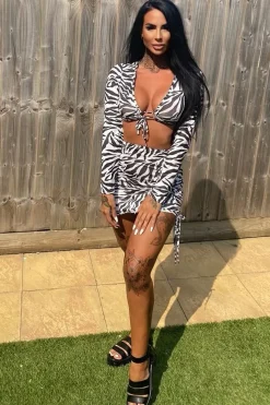 Rebellious Fashion Black White Zebra Print Crop Top & Side Ruched Mini Skirt - Marley