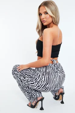 Rebellious Fashion Black White Zebra Print Slinky Ruched Leg Trousers - Vanna